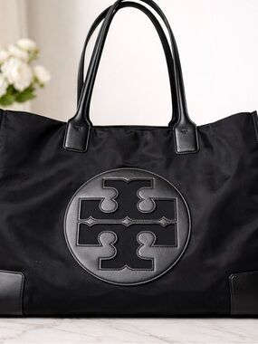 Tory Burch Black Nylon Logo Tote with Leather Trim